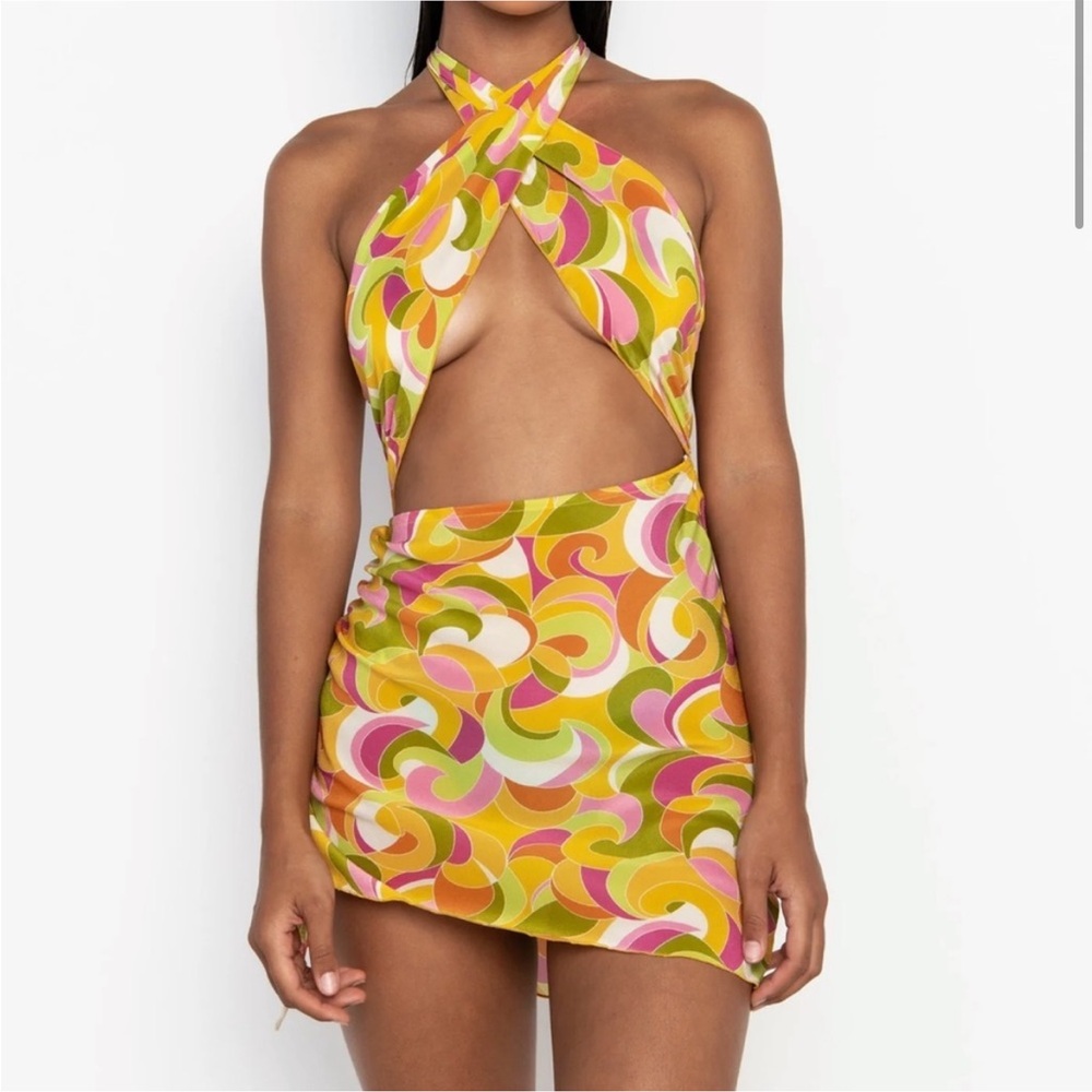NWT SOMMER Swim Camille Allegria Groovy Silk Halter Bandeau Mini Dress Coverup